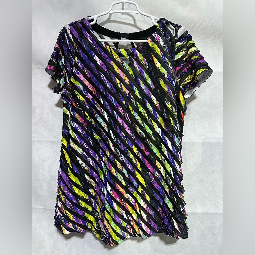 Ali Miles Large Multicolored BOHO Artsy Striped Ruffle Short Sleeve Shirt Tunic